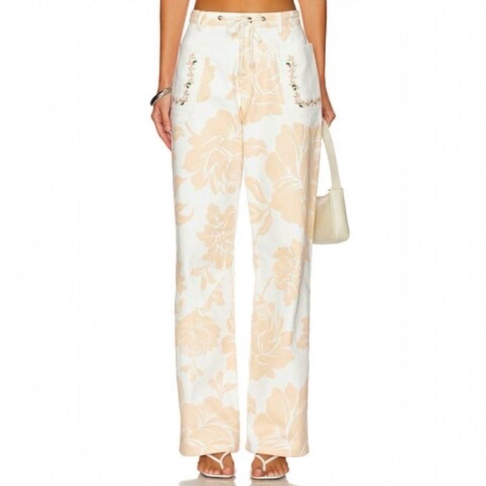 NWT Agua Bendita x Revolve Veronik Pants Small Cream Floral Embroidered Wide Leg